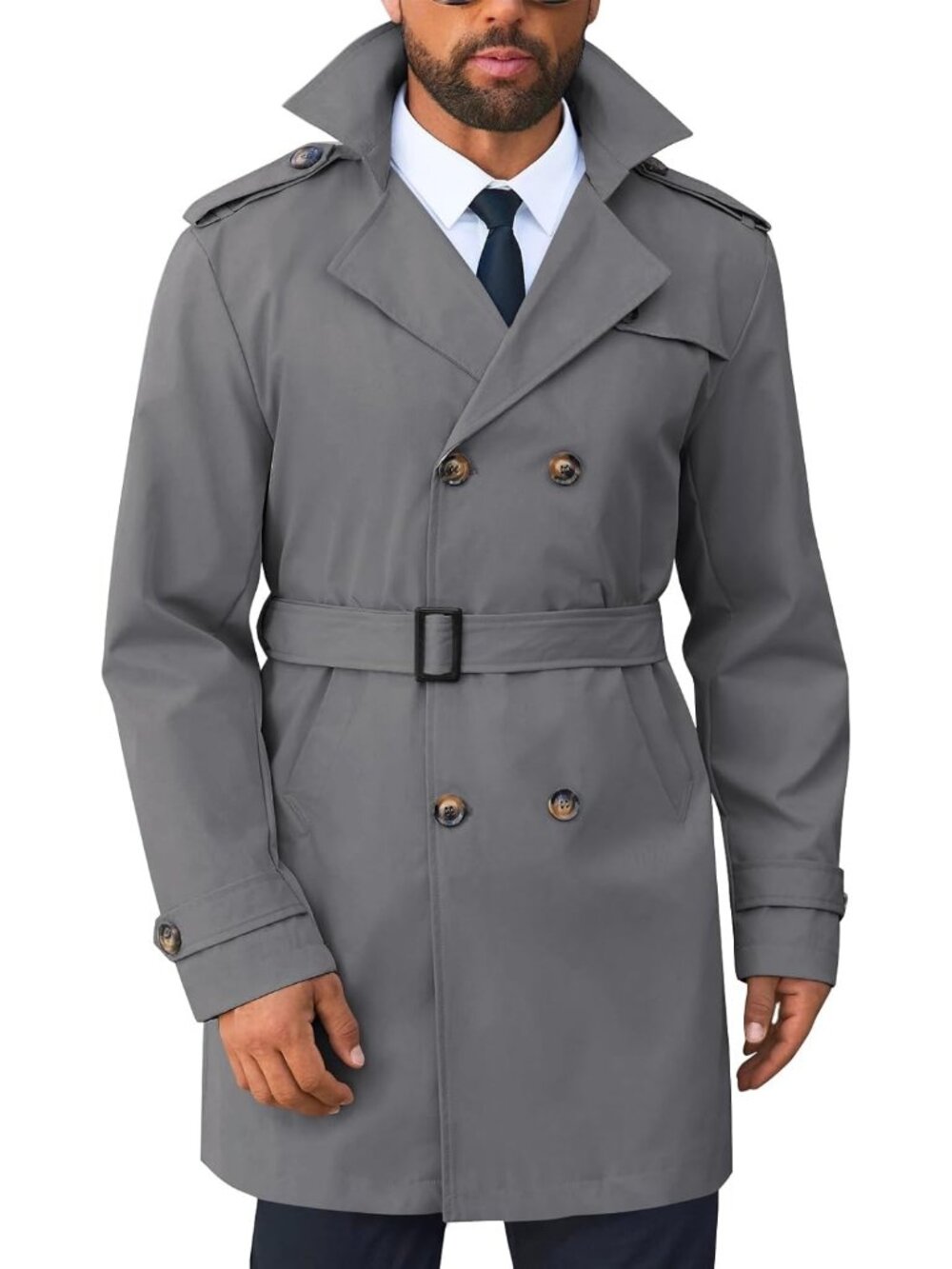 Men's Dark Grey Trench Coat Double Breasted Long Jacket Belted Slim Fit Overcoat